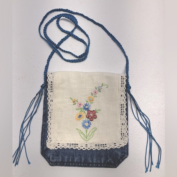 Handmade Upcycled Denim Crossbody Purse, Embroidered, Handstitching - Picture 1 of 6